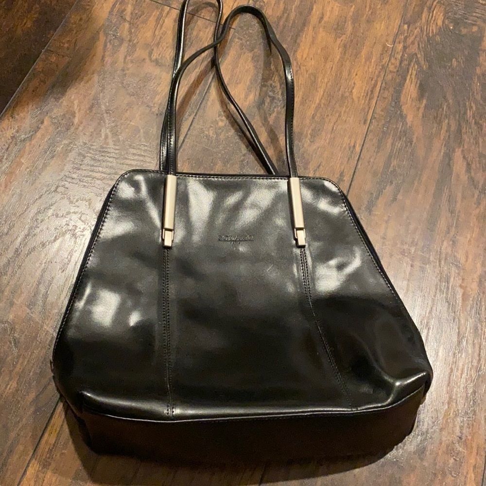 SOLANO PARIS BLACK LEATHER shoulder PURSE made in France in EUC